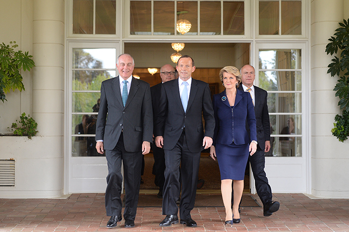 Government swearing in: Tony Abbott, Julie Bishop and Warren Truss