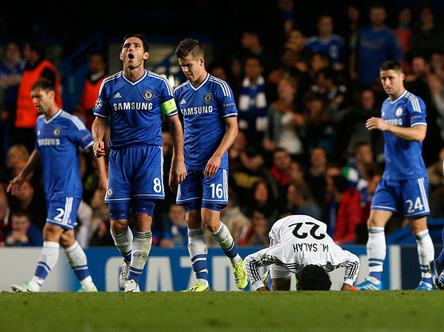 Chelsea --: Basel's Salah celebrates on the ground after scoring