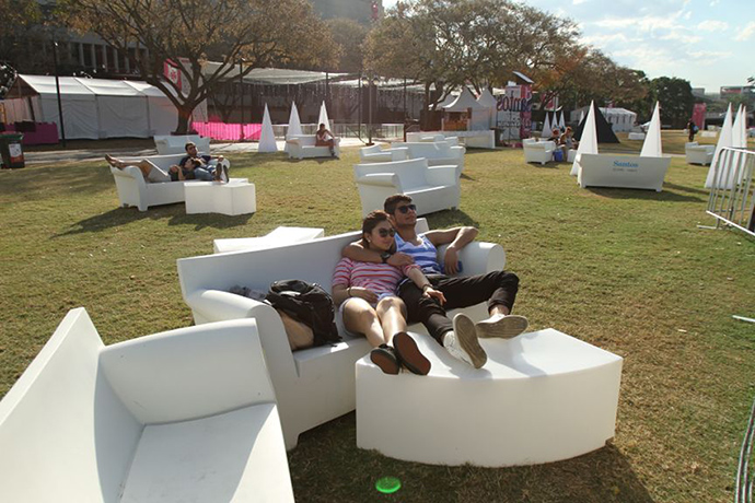 South Bank: A couple lounge on festival chairs