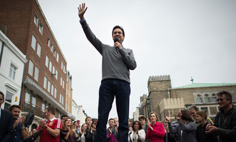 Labour leader Ed Miliband addresses a crowd in Brighton town centre