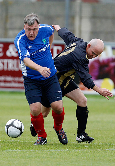 Labour football match: Ed Balls wins tackle