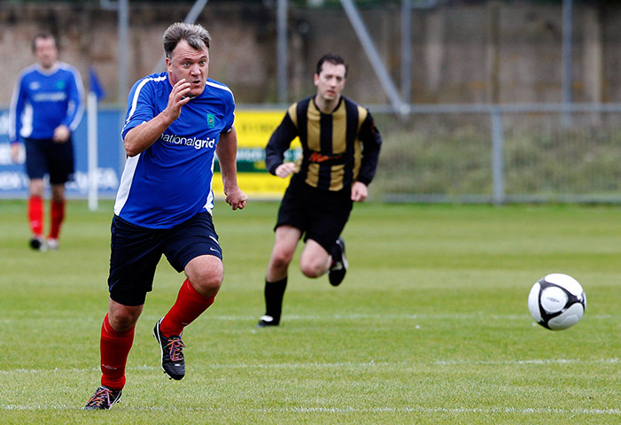 Labour football match: Ed Balls chases the ball