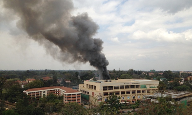Heavy smoke rises from the Westgate Mall in Nairobi, Kenya