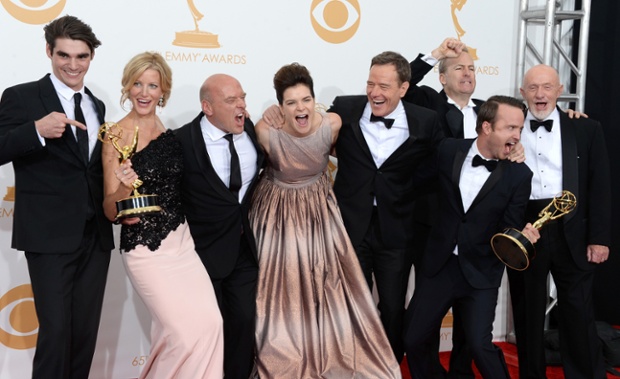 Such a great picture of the cast of Breaking Bad celebrating their success at last night's Emmy's. It really stood out from the thousands of images we've received from the awards. Delightfully infectious!