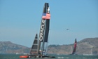 Oracle Team USA leads Emirates Team New Zealand during race 18 of the America's Cup.