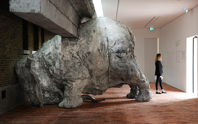 Sackler: A clay sculpture of an elephant crashing into a wall forms part of the exhi