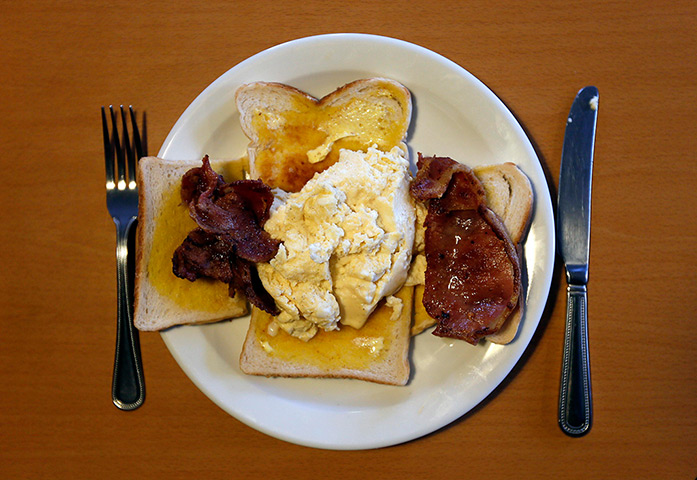 Roadside snacks: Scrambled eggs and bacon on toast at a roadside cafe along the A59 near Saw