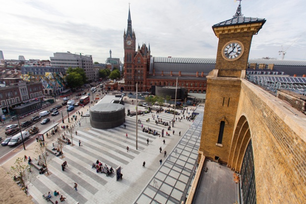 It's fortunate that our photographer Graham Turner has a head for heights. Today he's been perched with the pigeons taking this wonderful view of the newly opened King's Cross Square, which marks the final stage in the £550m redevelopment of the station.