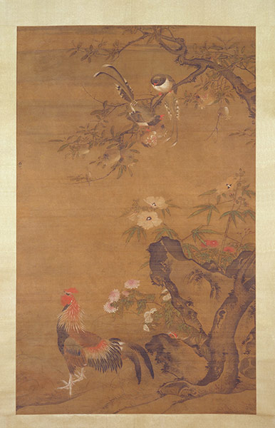 China art: Pomegranates, Autumn Mallows, Chrysanthemums, Blue Magpies and Rooster
