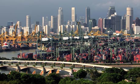Keppel Harbour and skyscrapers of Singapore's central business district are seen from Sentosa island