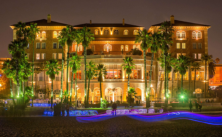 Glow Santa Monica: Hotel Casa Del Mar his illuminated on the beach in Santa Monica