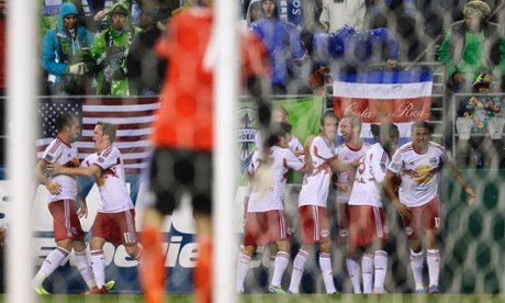 New York Red Bulls celebrate Tim Cahill's goal against the Seattle Sounders