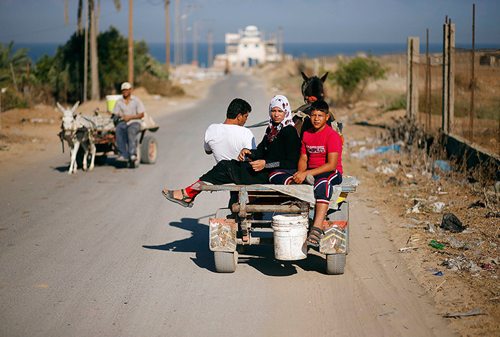 Young newlyweds: The newlyweds ride on a donkey cart on the way to Gaza's beach two days aft