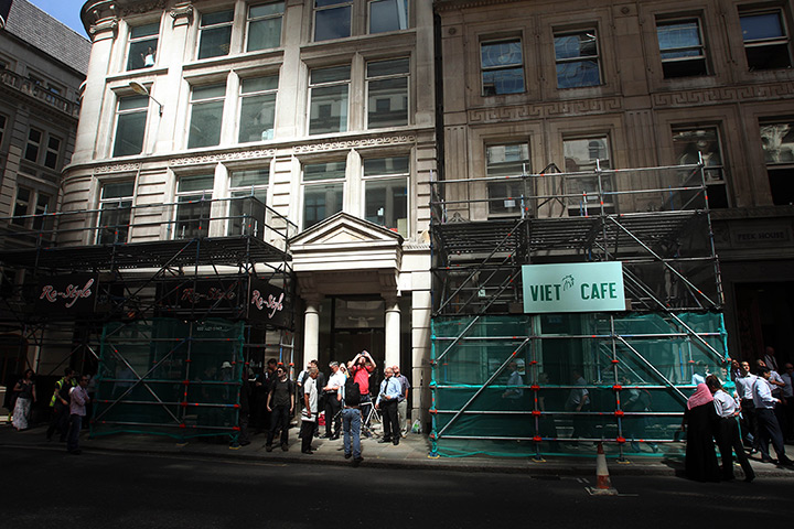 Walkie scorchie: Temporary scaffold screens which have been erected to prevent further damag