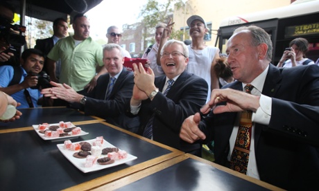 The Prime Minister Kevin Rudd in Burwood this afternoon with Tony Burke and John Murphy during his blitz through Western Sydney, Thursday 5th August 2013