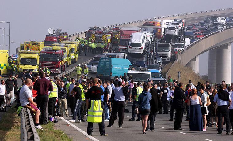 Sheppy car crash: Scene on the London bound carriageway of the Sheppey Bridge Crossing near S