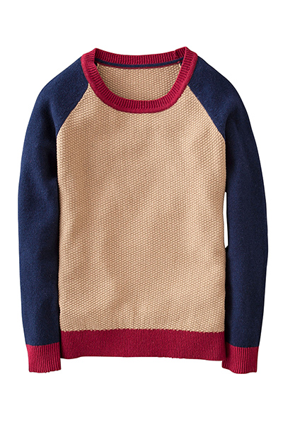 best knits: colour block cardigan blue sleeves red neck and cuffs beige front