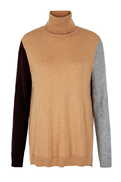 best knits: colour block turtleneck camel grey black