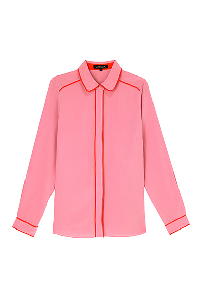 best tops: long sleeved pink blouse with red trim