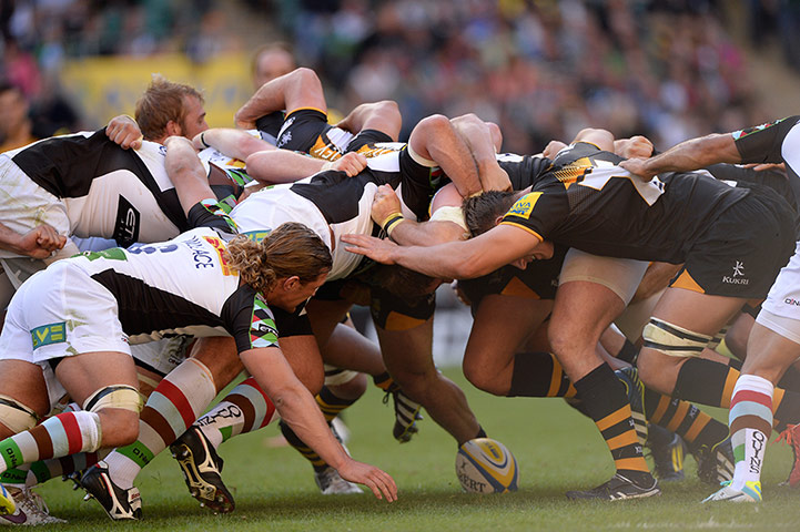 Rugby at Twickenham: A scrum is constested 
