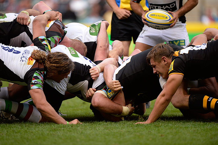 Rugby at Twickenham: A scrum during the London Wasps v Harlequins game