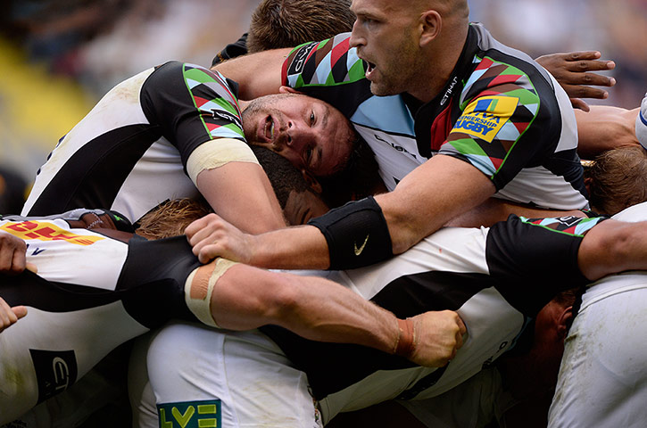 Rugby at Twickenham: Tom Guest of Quins takes an unusual angle on a maul 