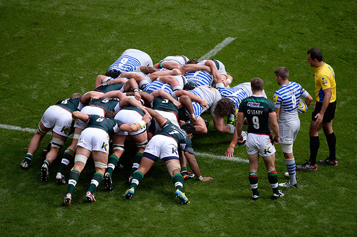 Rugby at Twickenham: A scrum is set during the London Irish versus Saracens match
