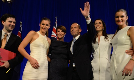 Prime minister-elect Tony Abbott and his wife Margie and daughters Louise, Frances and Bridgette, on stage to celebrate his election victory.