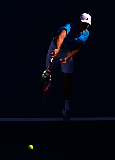 aussie open: Jerzy Janowicz serves to the unseeded Jordan Thompson