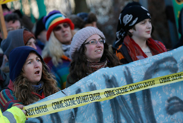 Anti-fracking protest: Demonstrators at  IGas Energy exploratory gas drilling site at Barton Moss