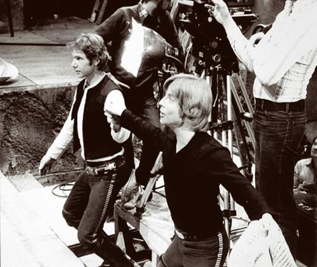 Harrison Ford and Mark Hamill prepare for a scene.