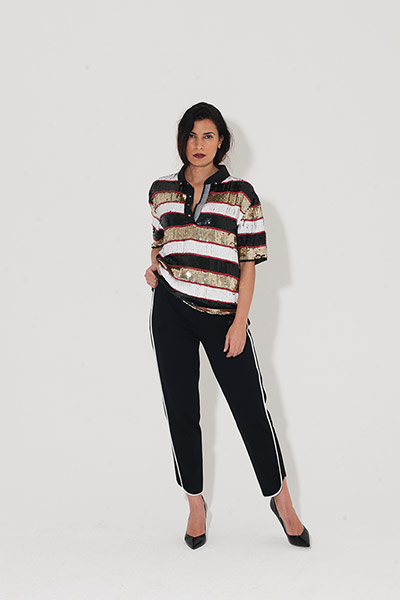 All Ages metal: red brown white black sequin polo shirt black trousers heeled court shoes