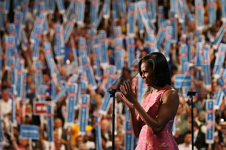 Michelle Obama at 50: September 4, 2012: First lady Michelle Obama on stage after speaking at the