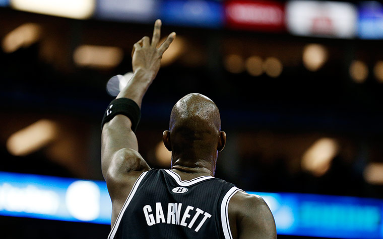 nba at the o2: Veteran Kevin Garnett of Brooklyn signals a play 