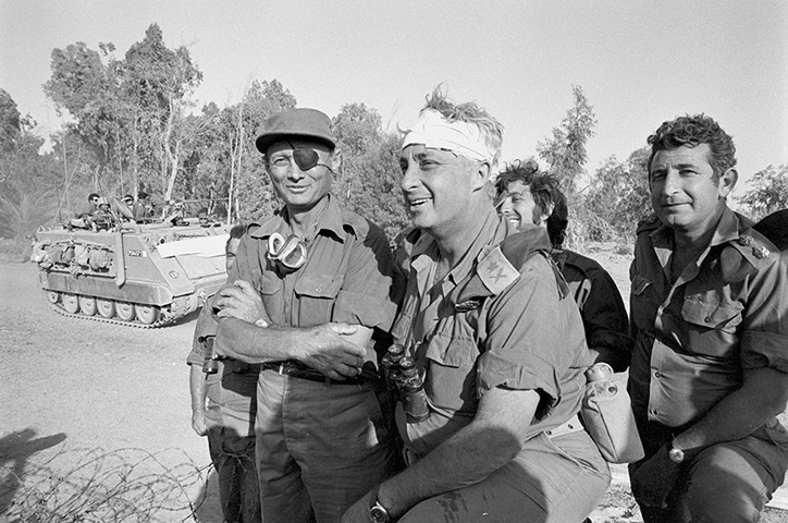 Arial Sharon in pictures: 1973: Sharon with Moshe Dayan, left, on the western side of the Suez Canal 