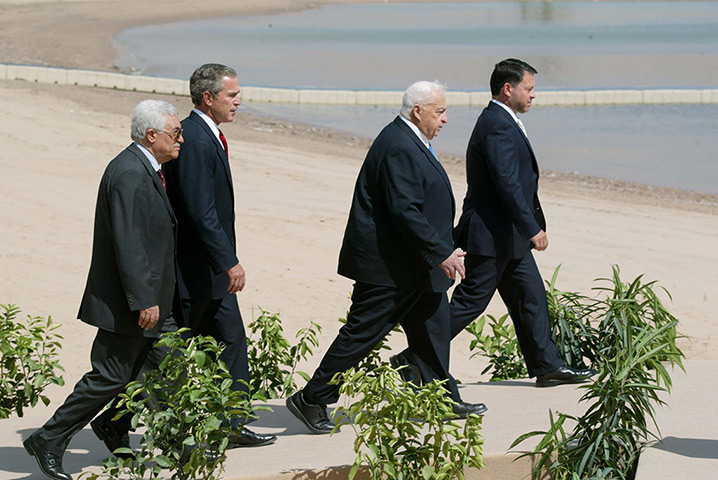 Ariel Sharon in pictures: 2003: Palestinian Prime Minister Mahmoud Abbas, President Bush, Israeli Pri