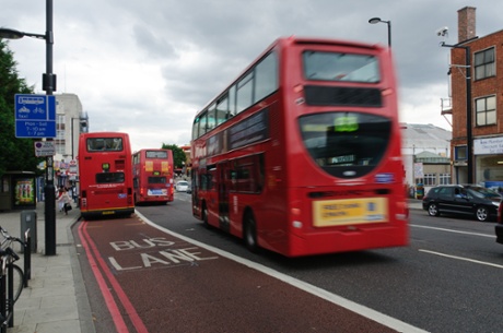 Red Buses and a Bus Lane on Streatham High Road, South London