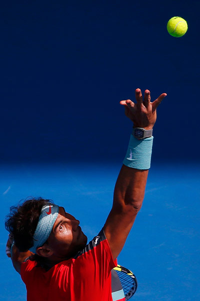 aussie open day 8: Rafael Nadal of Spain serves 