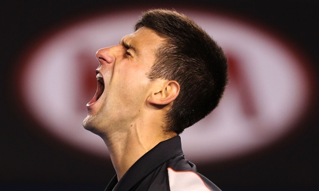 The face of victory. Novak Djokovic of Serbia celebrates winning the third set in his quarterfinal match against Stanislas Wawrinka of Switzerland during the 2014 Australian Open at Melbourne in Australia.