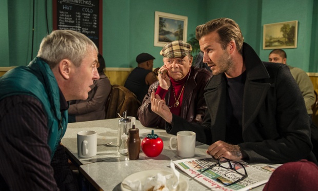 Beckham in Peckham. David Beckham Delboy and and Rodney, actors Sir David Jason and Nicholas Lyndhurst, for a special episode of Only Fools And Horses as part of Sport Relief night in March.