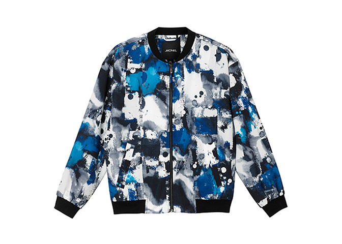 Prints: Printed clothes - blue, white and black paint splash bomber by Monki