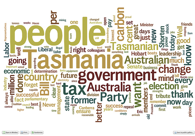 Does Tony Abbott: Tony Abbott's address to the Tasmania's Liberal party council as a wordle