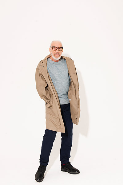 All Ages sweatshirts: grey sweatshirt beige jacket black trousers black lace up shoes