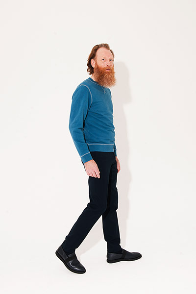 All Ages sweatshirts: blue sweatshirt black trousers black slip on shoes