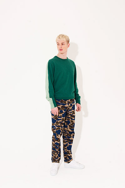 All Ages sweatshirts: green panelled sweatshirt blue green beige patterned trousers
