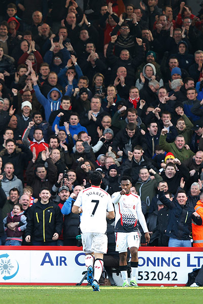 Bournemouth v  Liverpool : Daniel Sturridge celebrates his goal after a pass from Luis Suarez