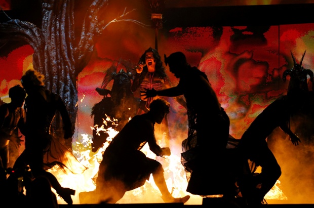 Katy Perry performs at the 56th annual Grammy Awards in Los Angeles.