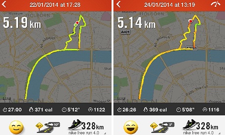 Smartphone app visualises two similar running routes