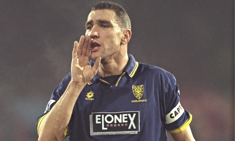 Vinnie Jones of wimbledon shouts to his teammates