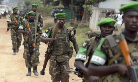 Rwandan peacekeepers patrol in Bangui, in the Central African Republic